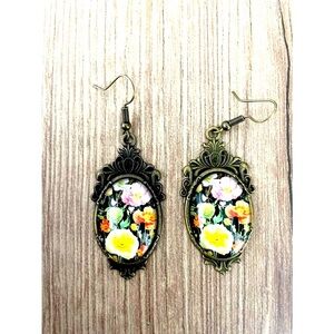 Dark Floral Print Victorian Style Earrings